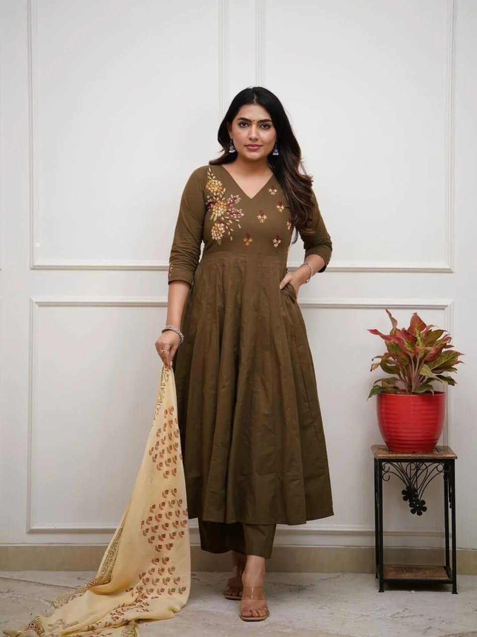 The Olive Grove Embroidered Flare Kurta Set