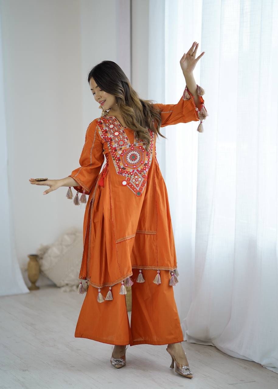 Bohemian Mirror Work Cotton Kurta Set with Tassels