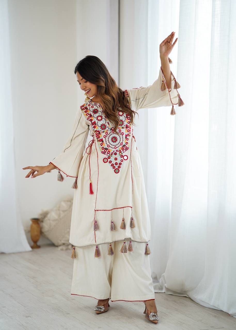 Bohemian Mirror Work Cotton Kurta Set with Tassels