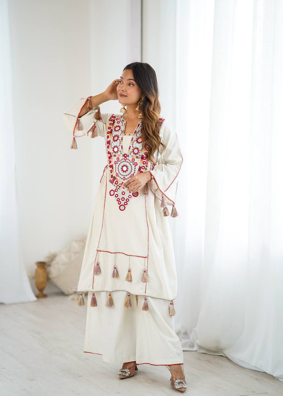 Bohemian Mirror Work Cotton Kurta Set with Tassels