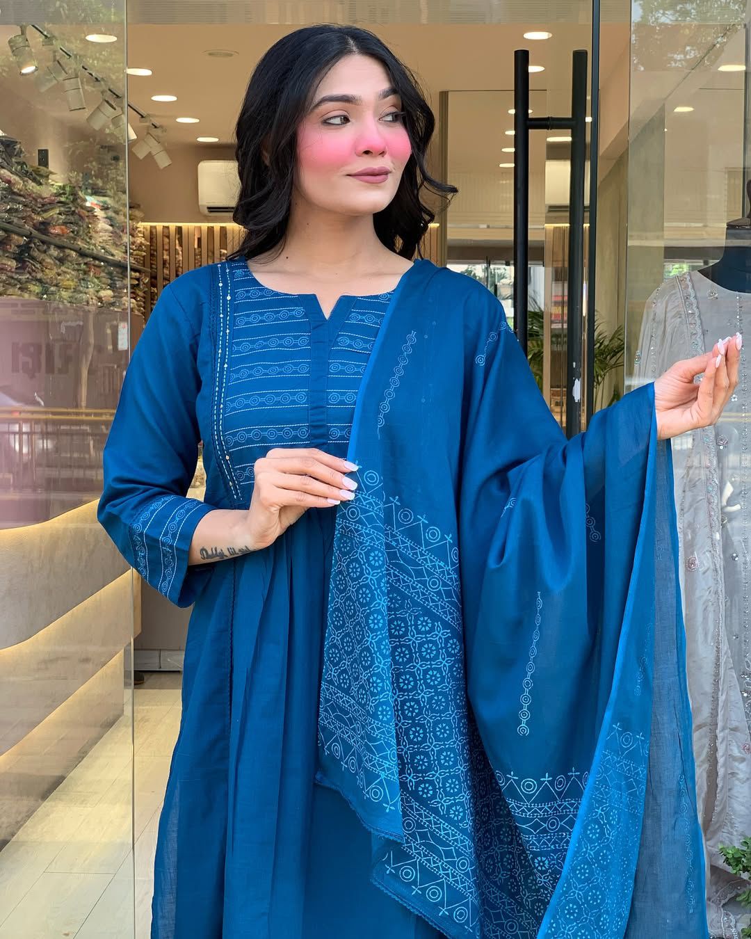 Azure Bloom A-Line Embroidery Suit Set