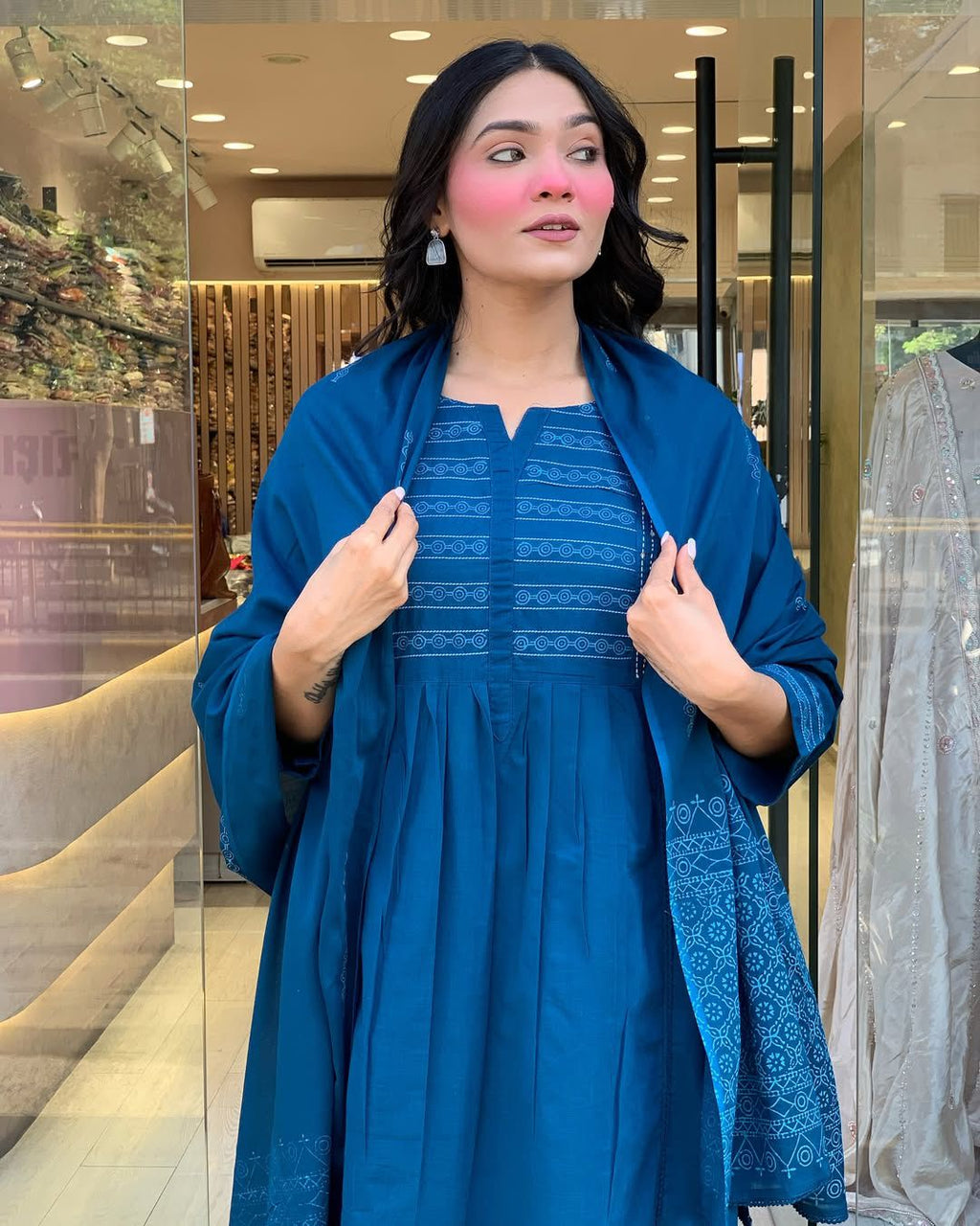 Azure Bloom A-Line Embroidery Suit Set