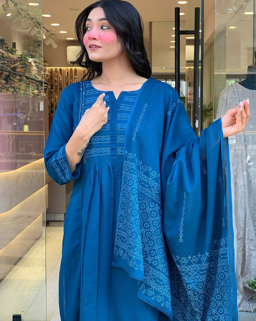 Azure Bloom A-Line Embroidery Suit Set