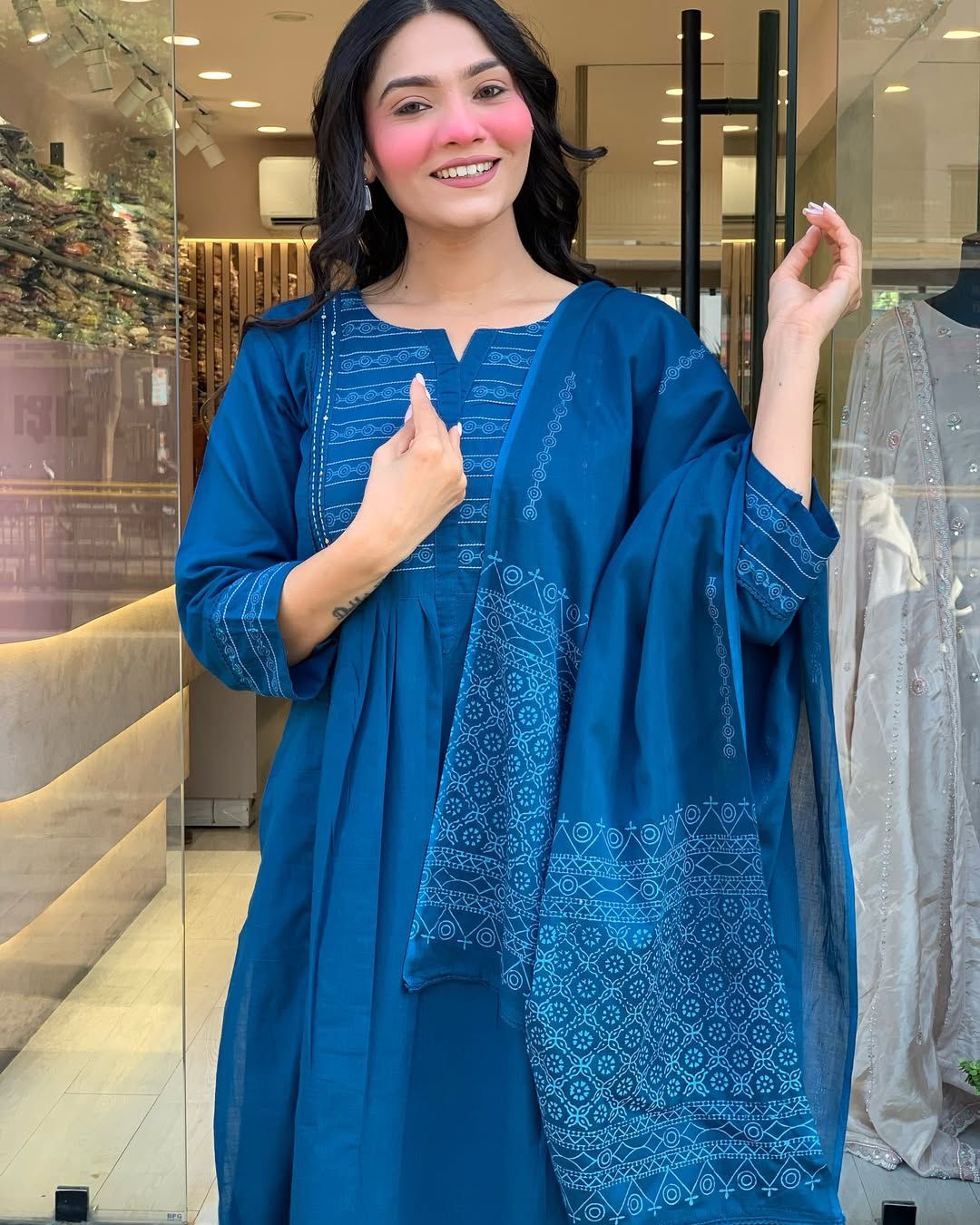 Azure Bloom A-Line Embroidery Suit Set