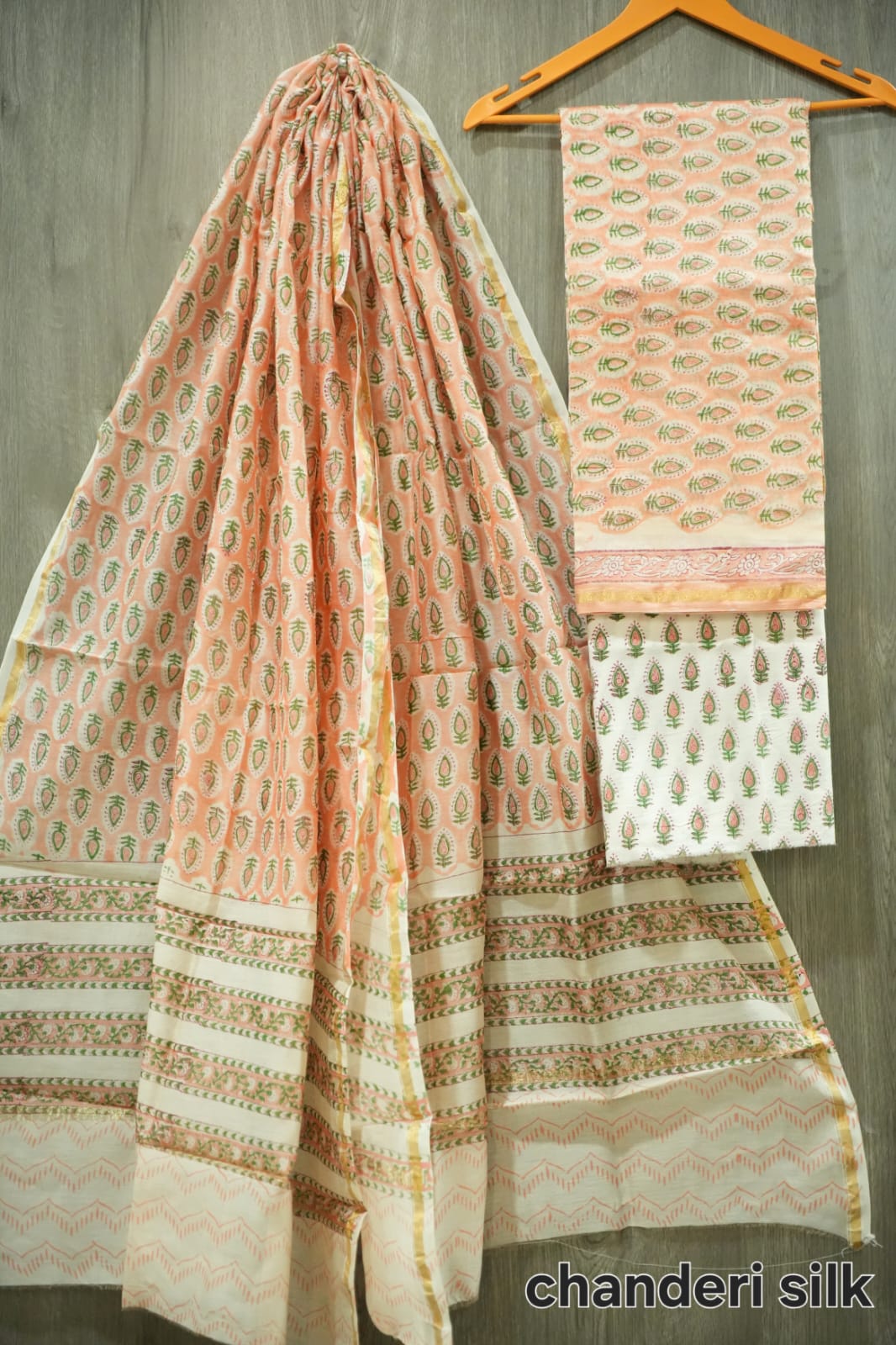 Peach Aangan Handblock Chanderi Silk Suit Set