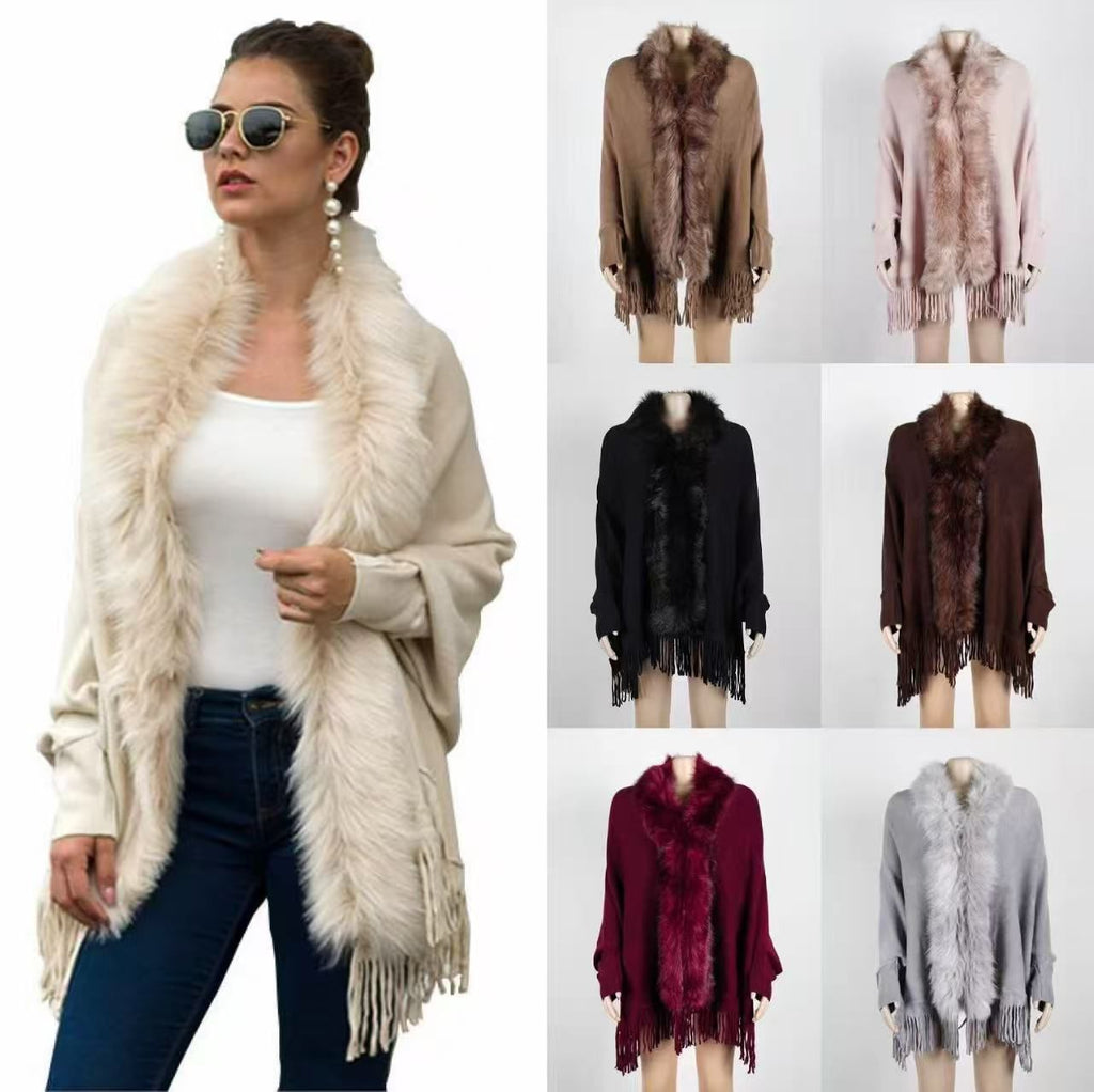 Luxe Faux Fur Trim Fringe Poncho