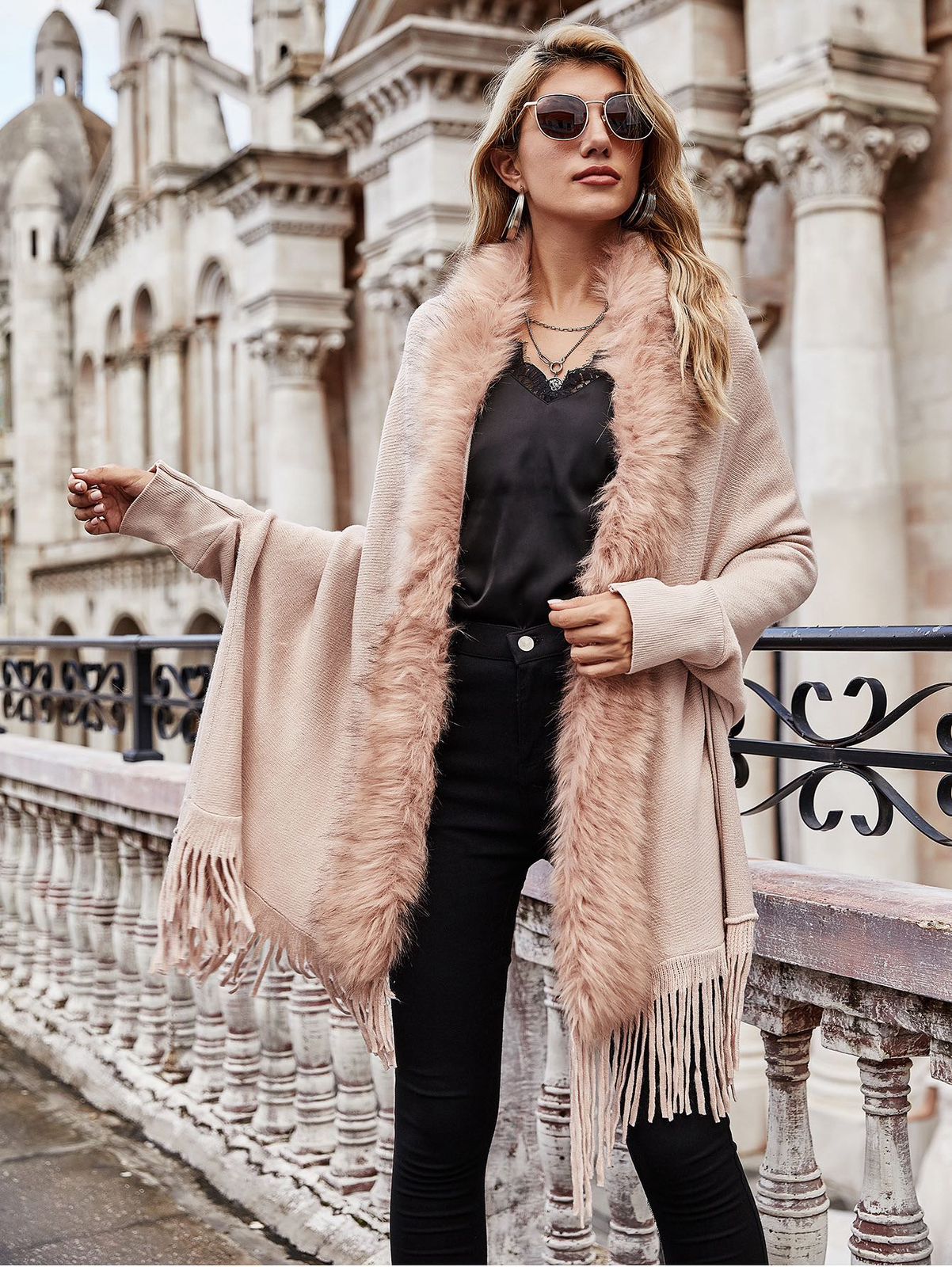 Luxe Faux Fur Trim Fringe Poncho