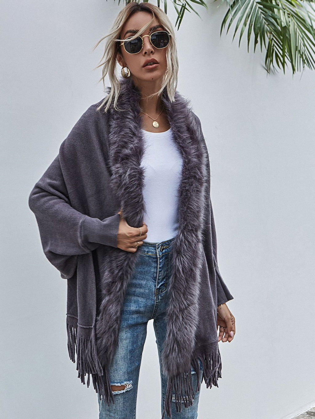 Luxe Faux Fur Trim Fringe Poncho