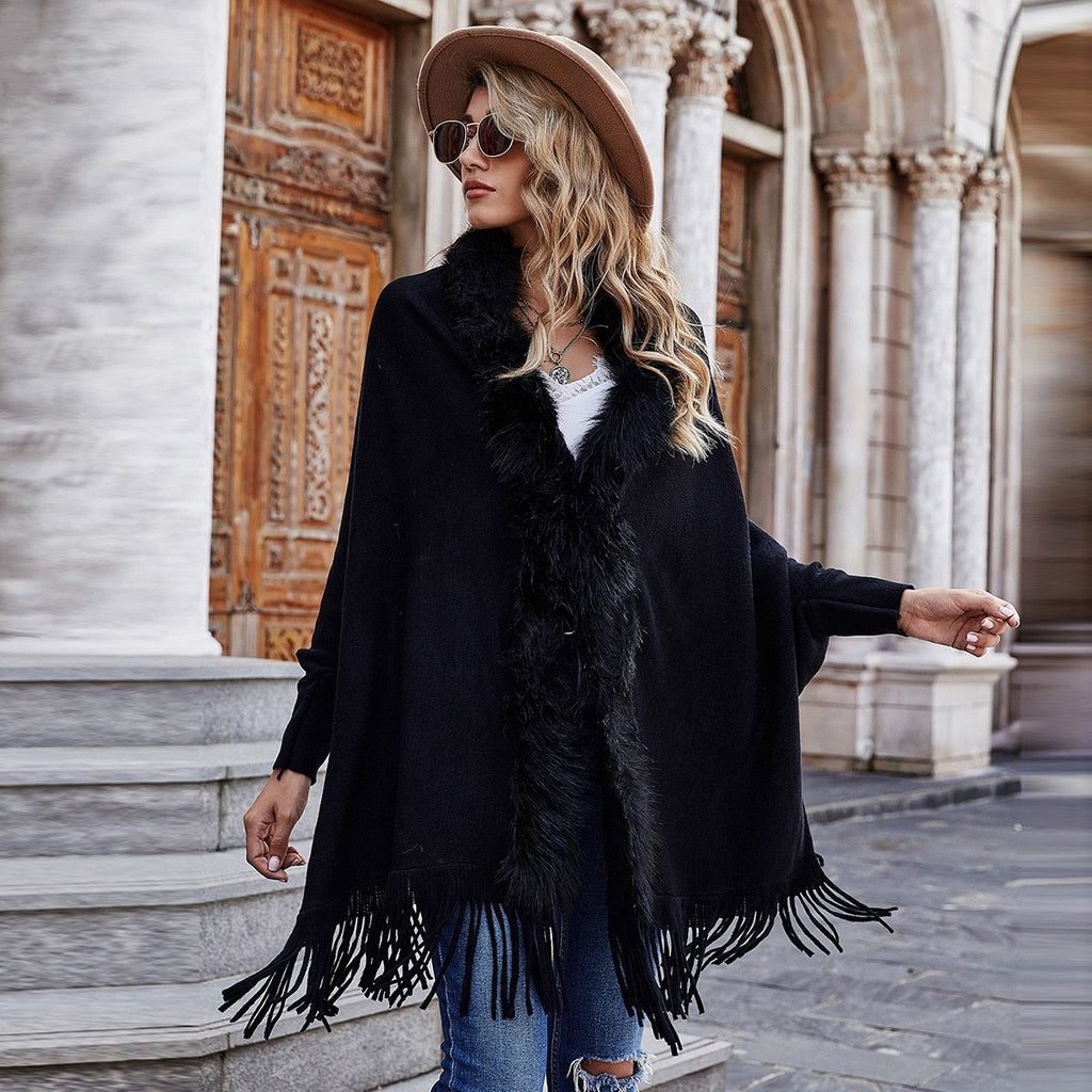 Luxe Faux Fur Trim Fringe Poncho