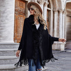 Luxe Faux Fur Trim Fringe Poncho