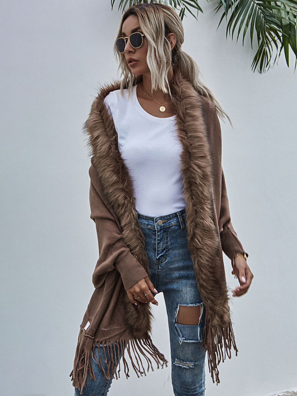 Luxe Faux Fur Trim Fringe Poncho