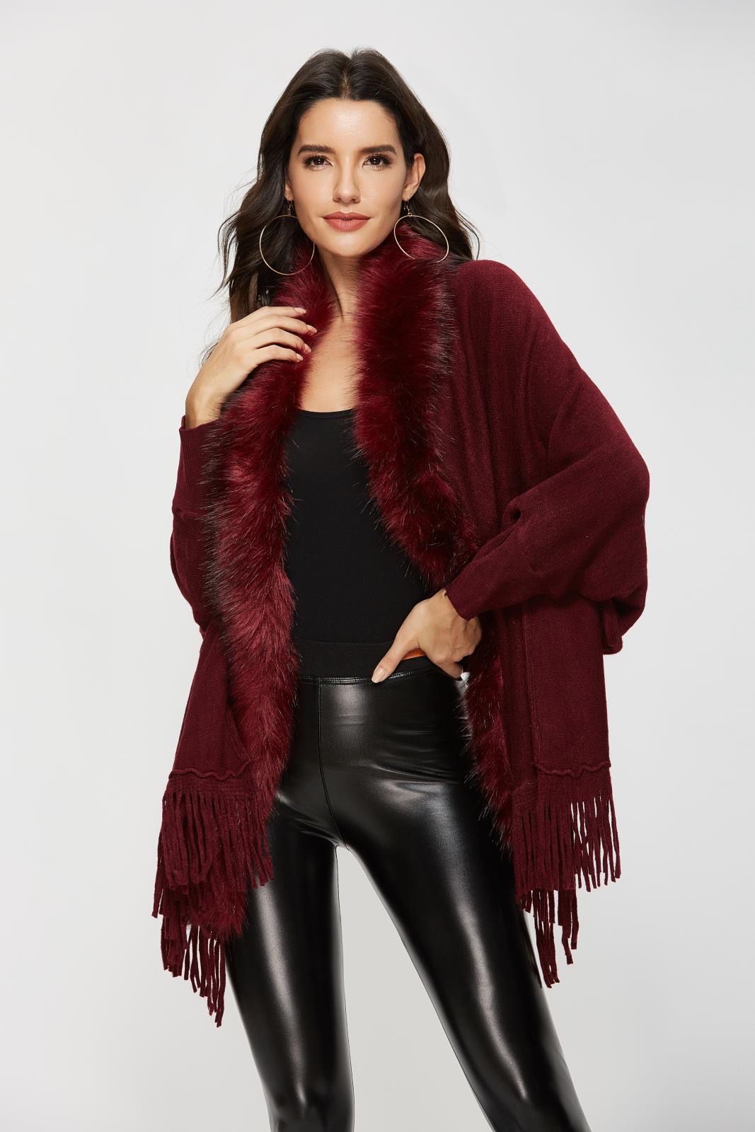 Luxe Faux Fur Trim Fringe Poncho