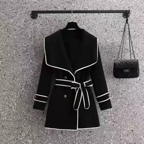 The Chic Contrast Trim Belted Coat