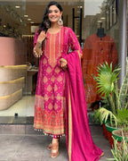 PAKISTANI RESHMI SUIT SET Vibrant Fuchsia Zari Print Sui