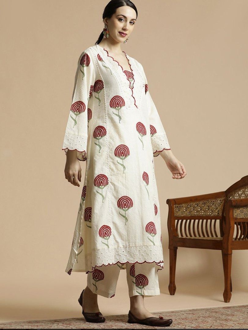 Scalloped Ivory Floral Embroidered cord -sets