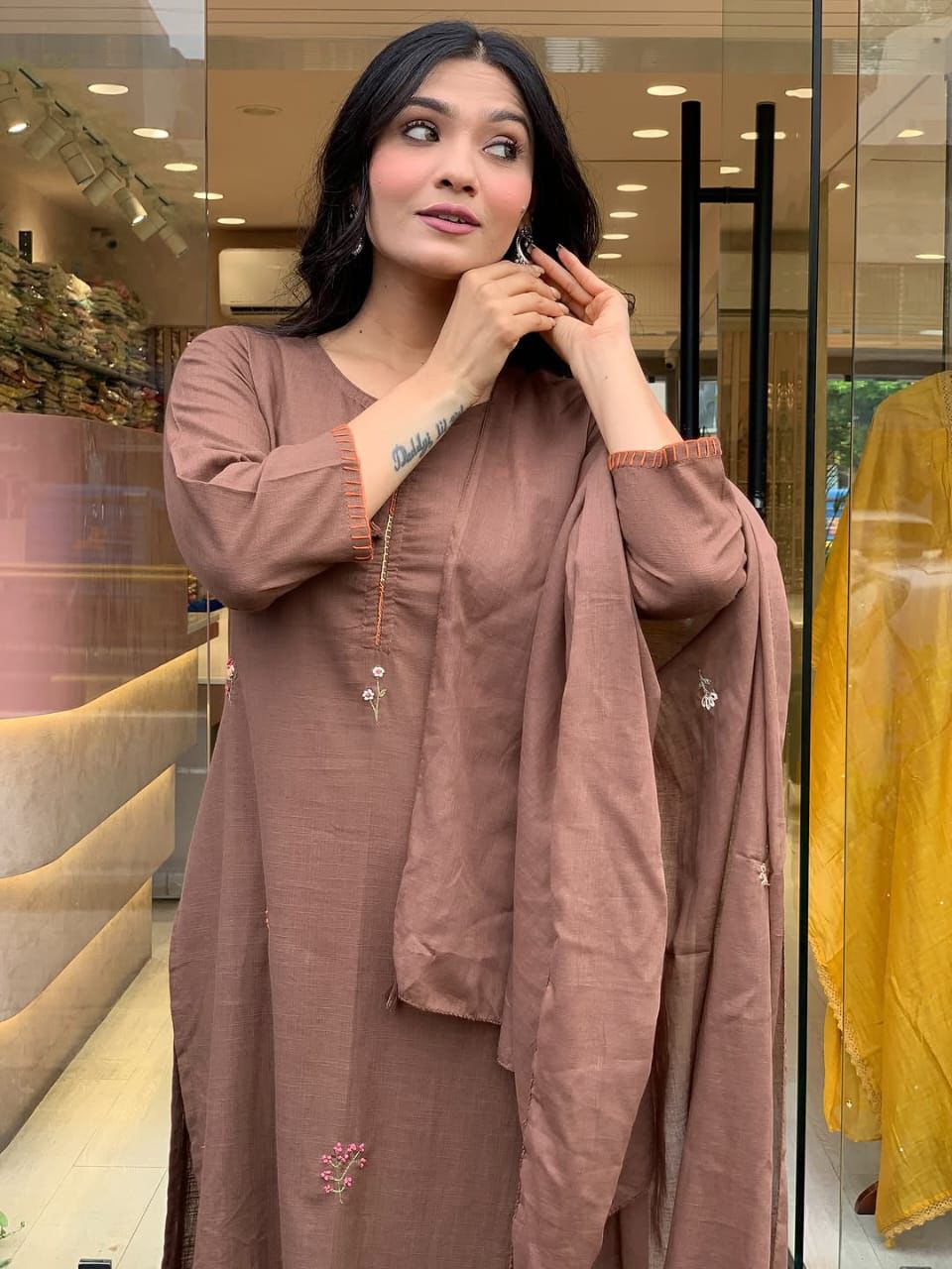 Chic Mocha Floral Embroidered Suit Set