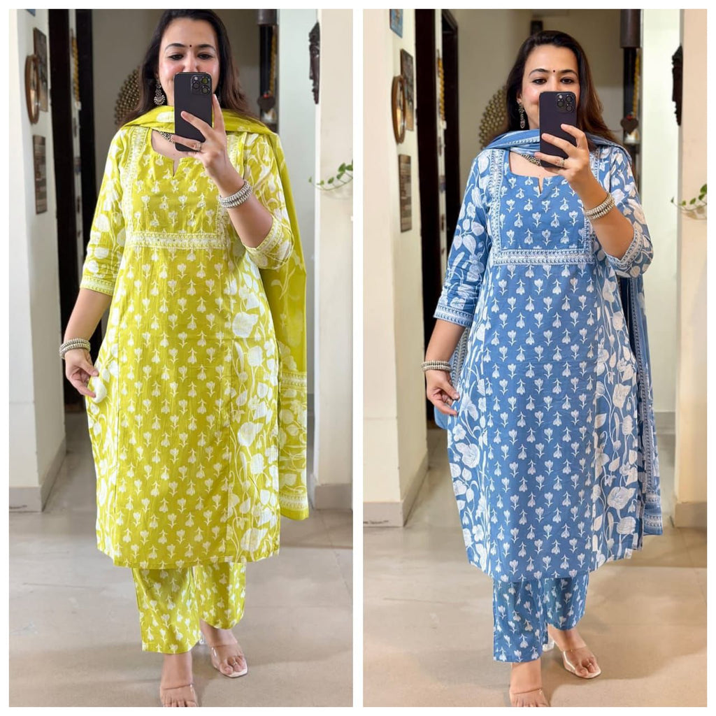 Zinnia Delight Cotton Suit - Lime Green" and "Azure Bloom Cotton Suit - Sky Blu