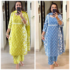 Zinnia Delight Cotton Suit - Lime Green" and "Azure Bloom Cotton Suit - Sky Blu