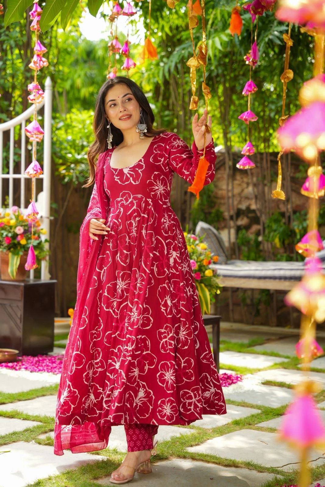 Ruby Floral Flared  Anarkali Kurta with Dupatta"