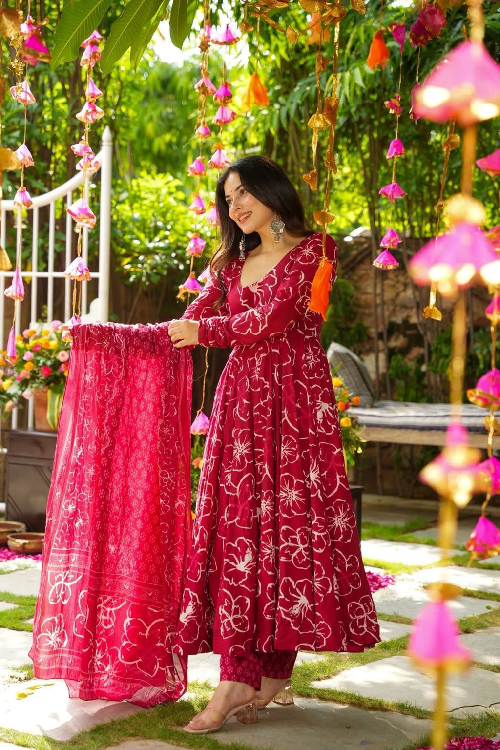 Ruby Floral Flared  Anarkali Kurta with Dupatta"