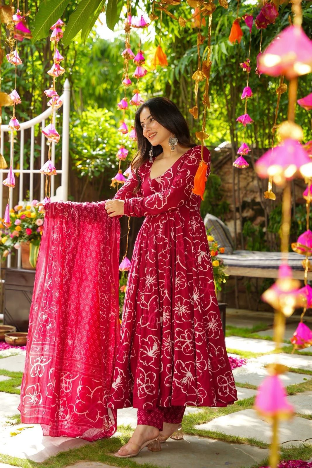 Ruby Floral Flared  Anarkali Kurta with Dupatta"