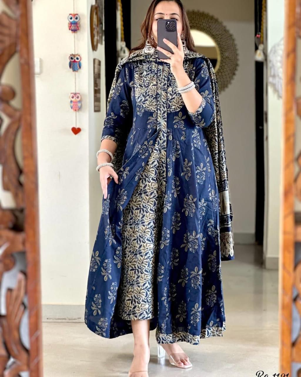 Navy Blossom Tiered Kurta Set with Dupatta