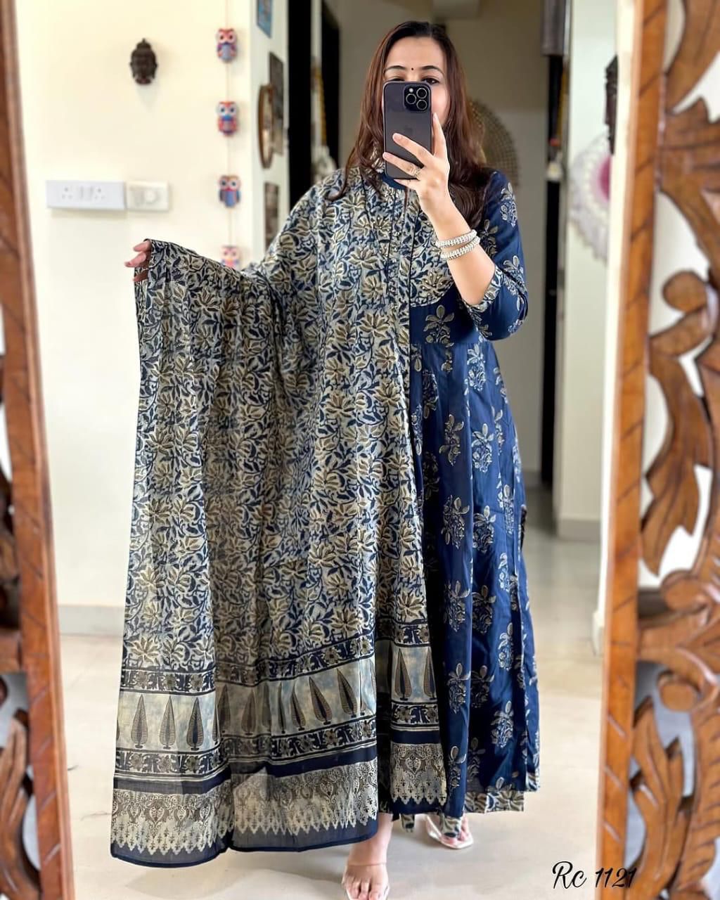 Navy Blossom Tiered Kurta Set with Dupatta