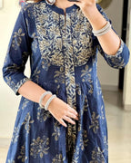 Navy Blossom Tiered Kurta Set with Dupatta
