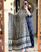 Navy Blossom Tiered Kurta Set with Dupatta