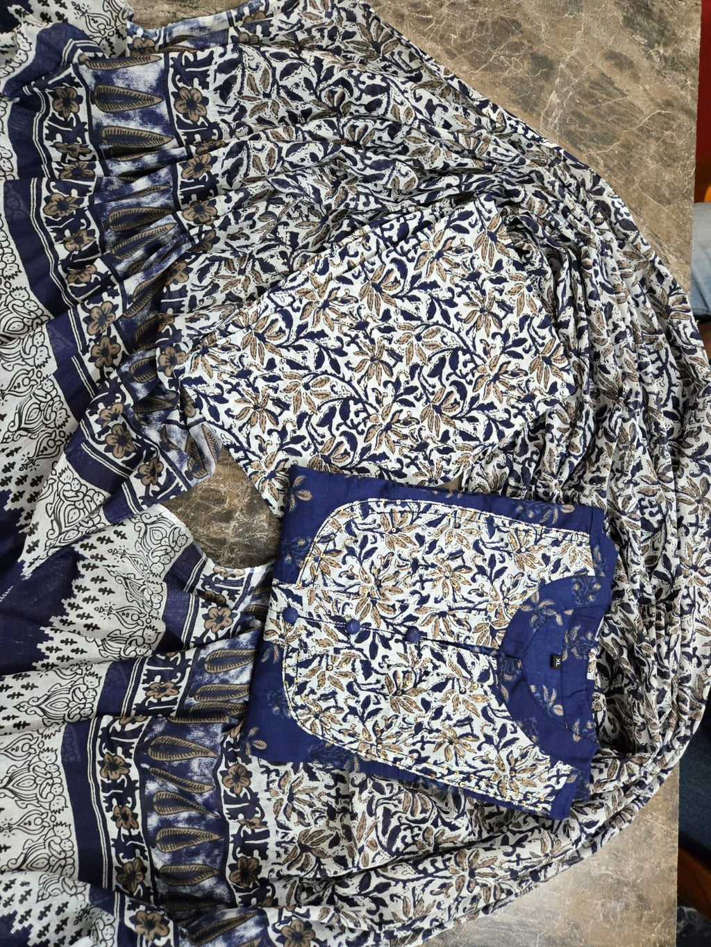 Navy Blossom Tiered Kurta Set with Dupatta