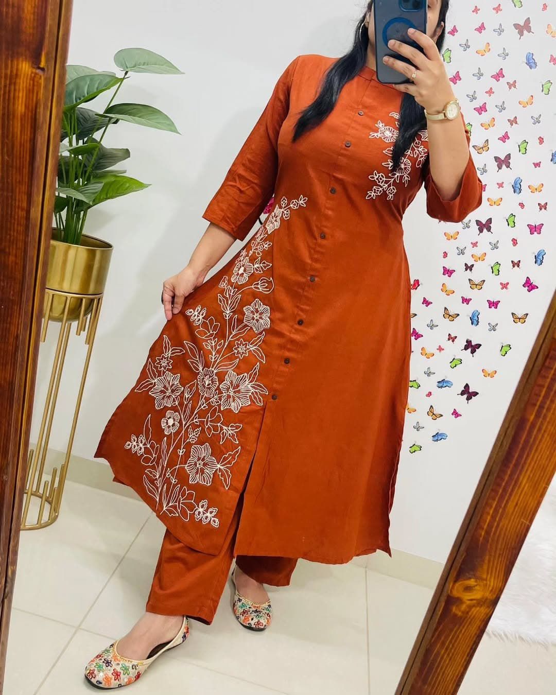 Terracotta Floral Embroidered Kurta Set
