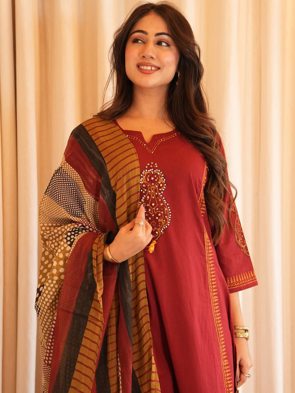The Raga Maroon Heavy Cotton Handwork Suit Set