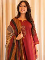 The Raga Maroon Heavy Cotton Handwork Suit Set
