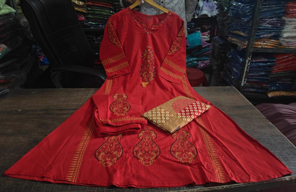 The Raga Maroon Heavy Cotton Handwork Suit Set