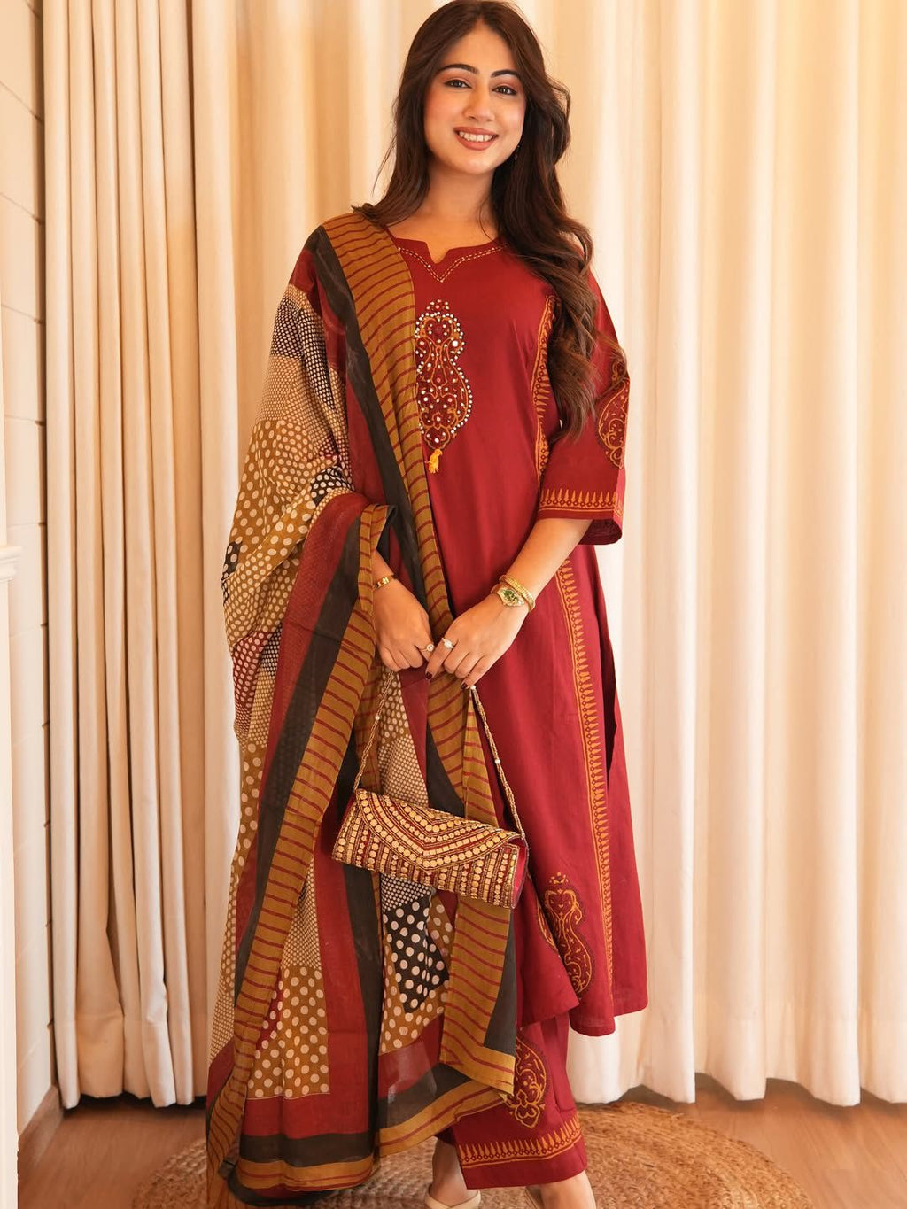 The Raga Maroon Heavy Cotton Handwork Suit Set