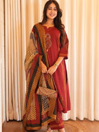 The Raga Maroon Heavy Cotton Handwork Suit Set