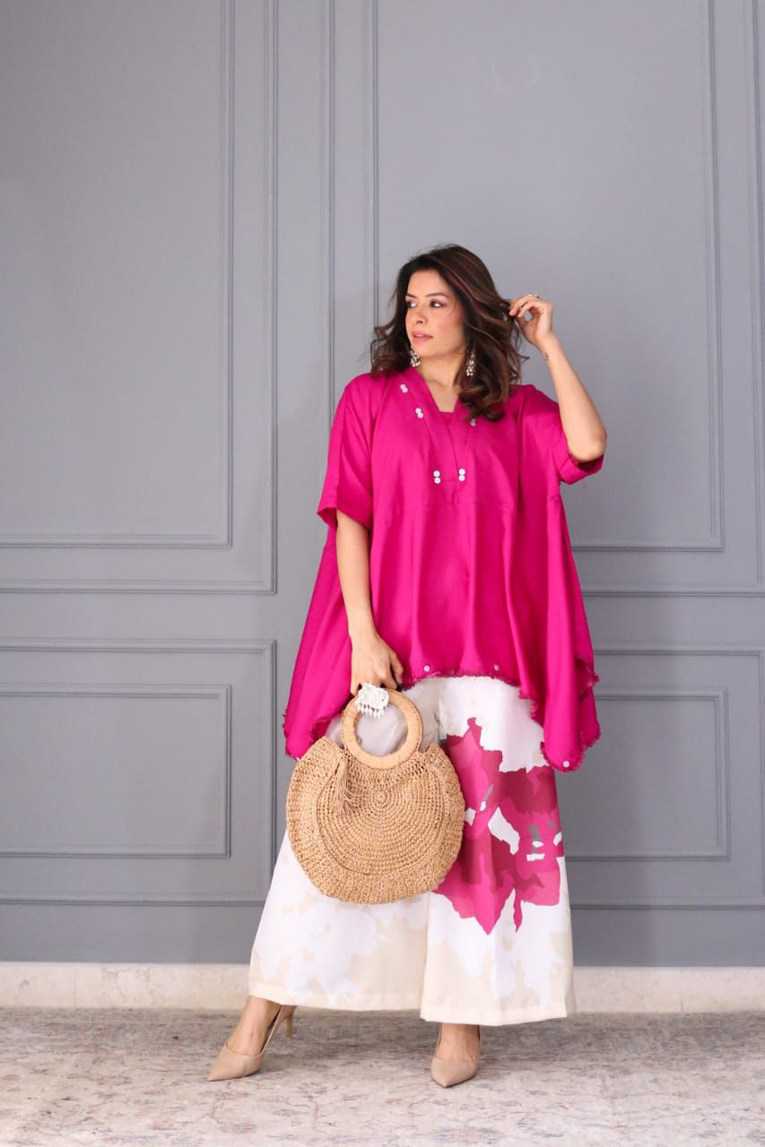 Fuschia Kaftan Top & Abstract Print Cotton Co-ord Set