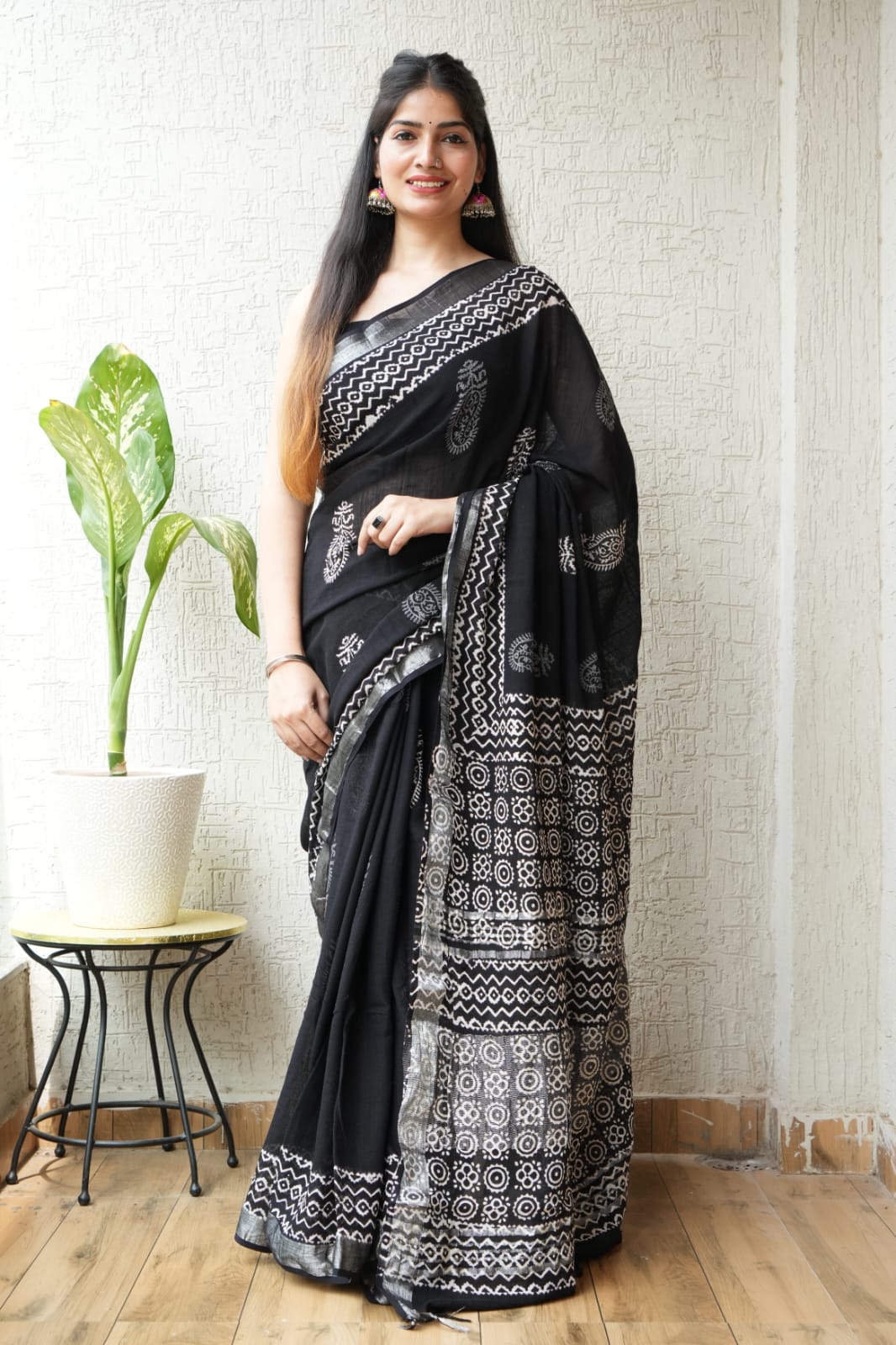 The Monochrome Block Print Cotton Saree
