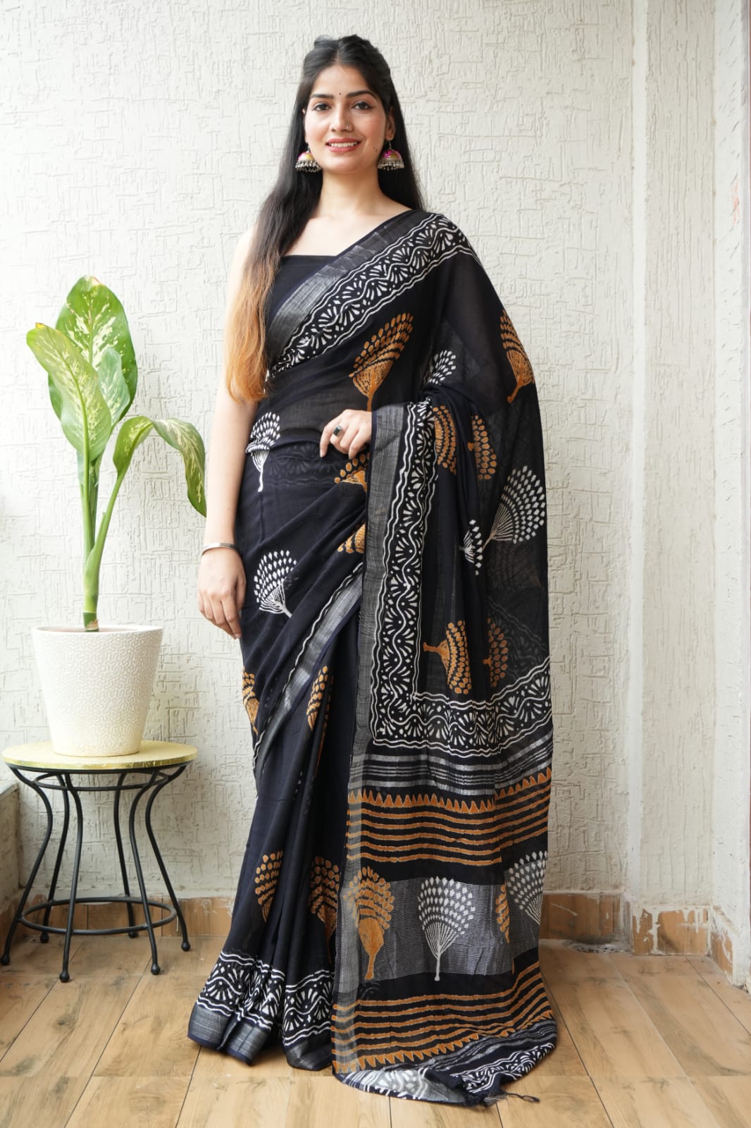 The Black & Gold Temple Fan Block Print Saree