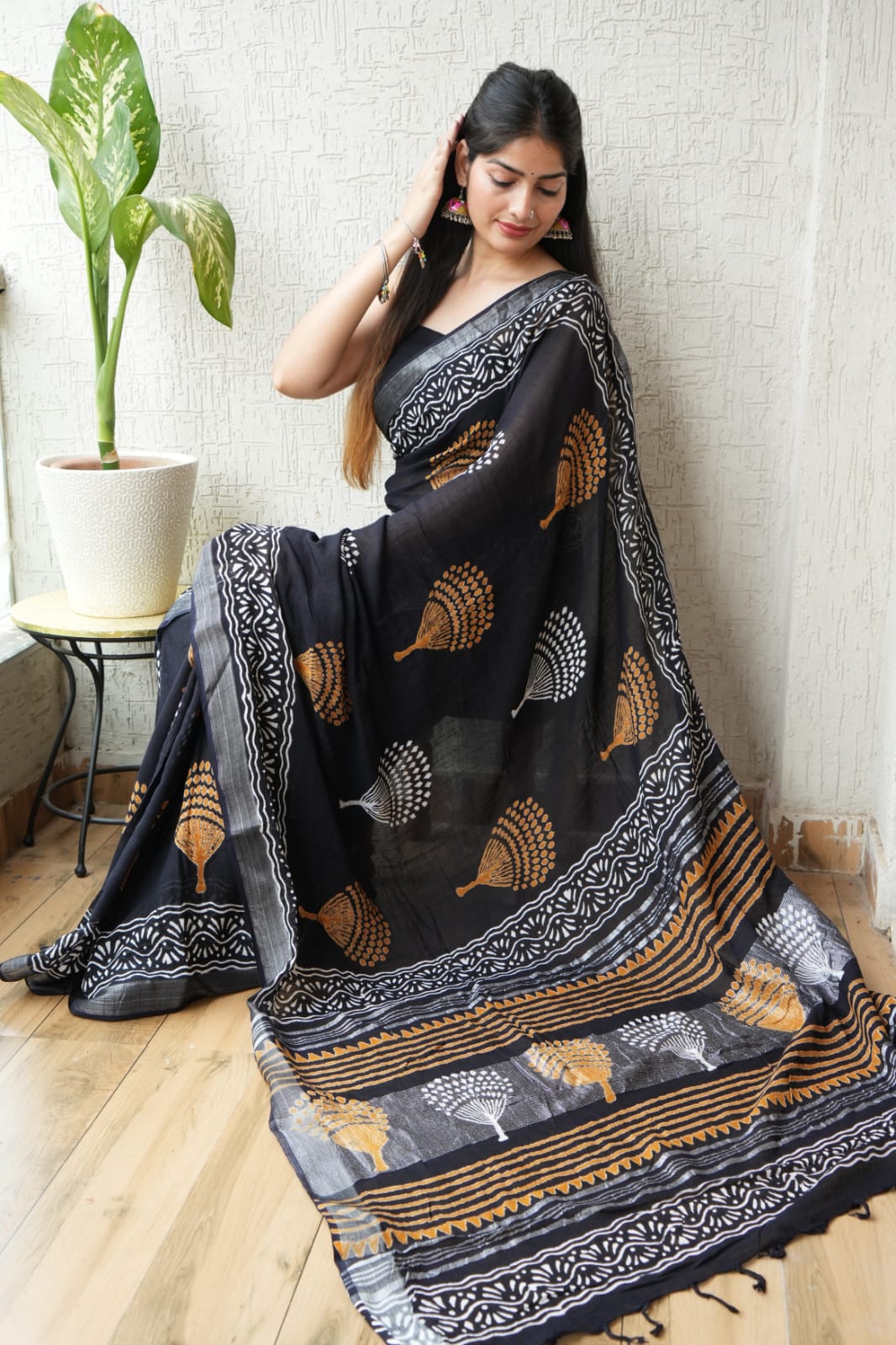 The Black & Gold Temple Fan Block Print Saree