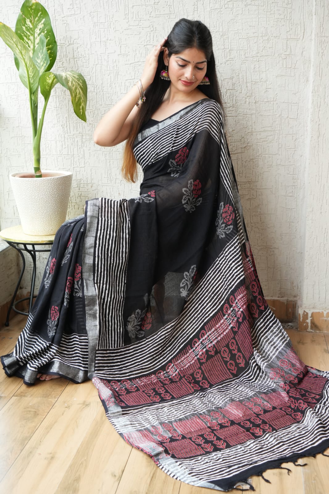 The Black Charcoal Bloom Hand Block Saree