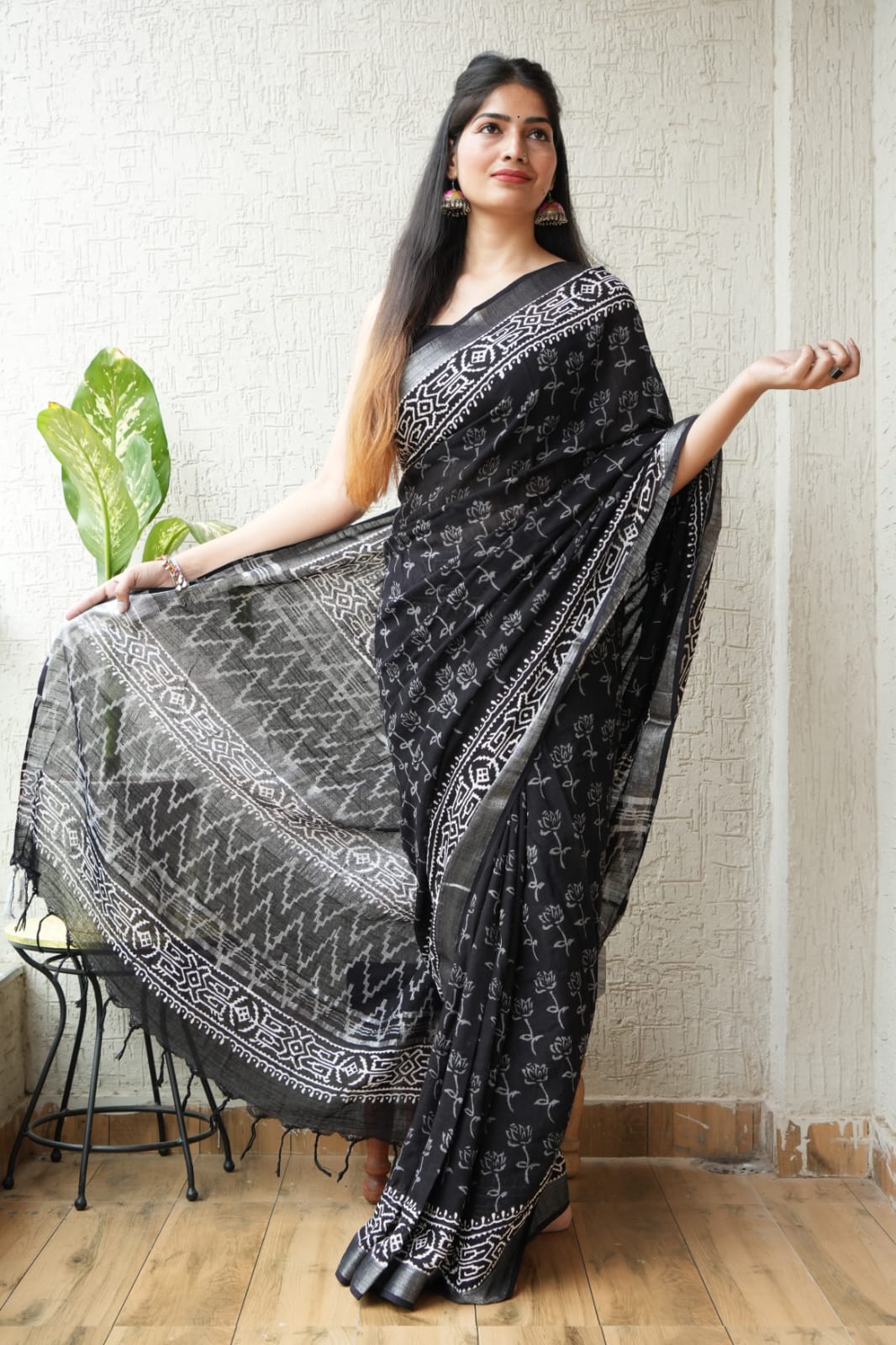 The Black Lotus Hand Block Cotton Saree