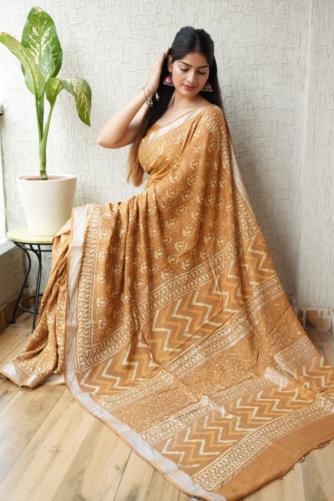 The Desert Gold Zigzag Block Print Saree