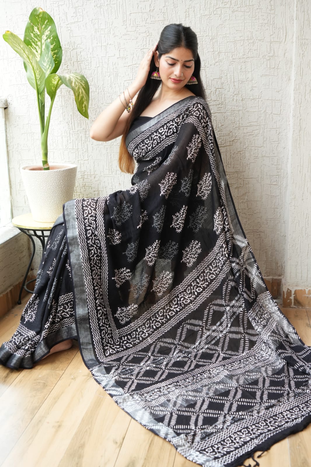 The Black Forest Motif Hand Block Saree