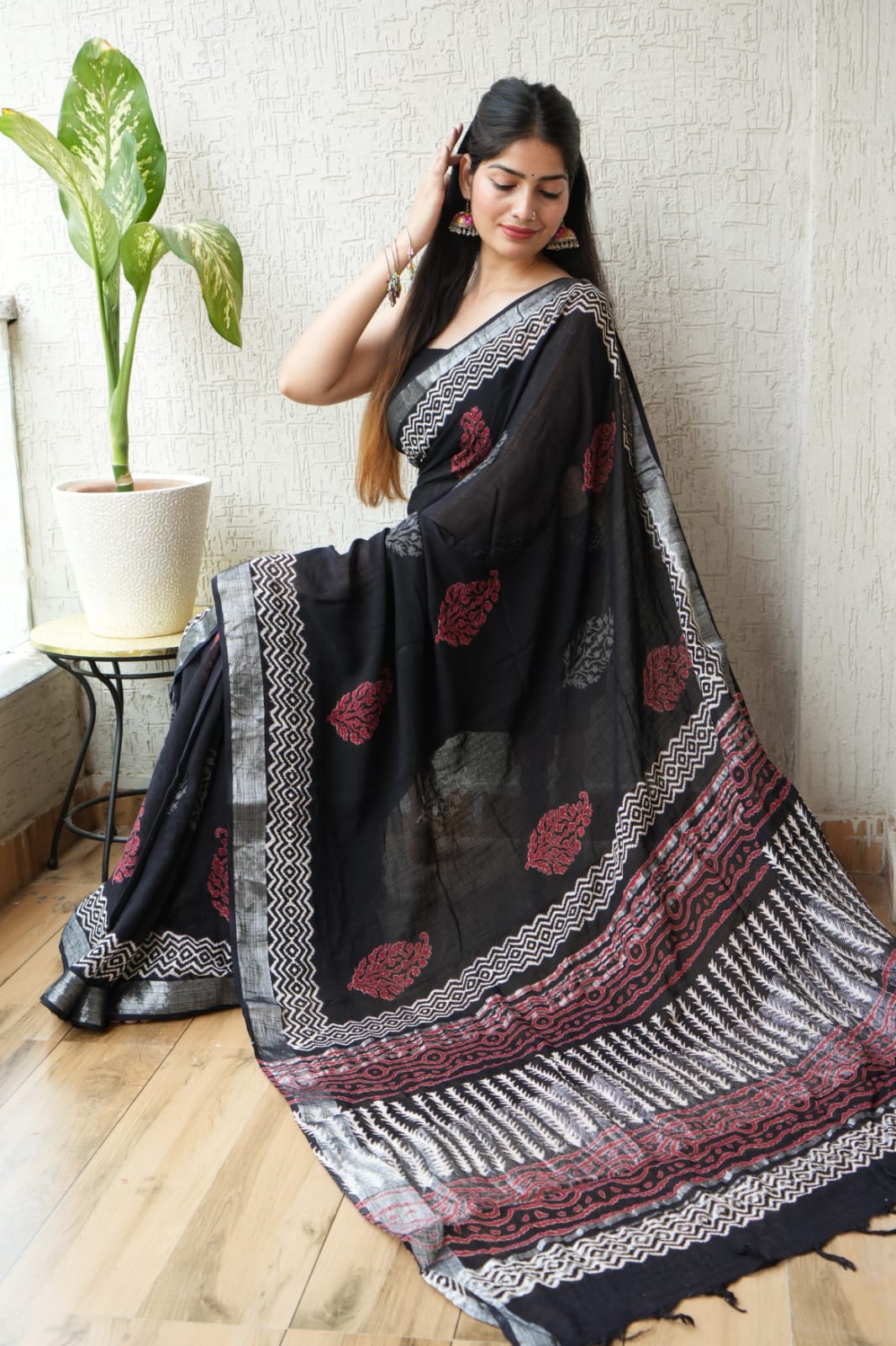 The Black and Scarlet Chevron Hand Block Saree