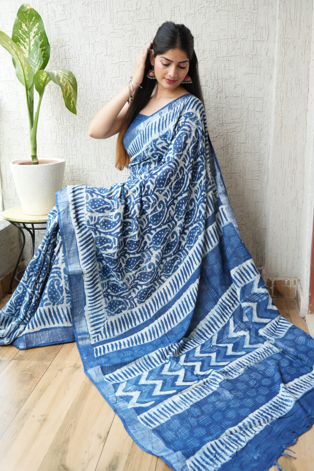 The Indigo Wave Hand Block Cotton Saree