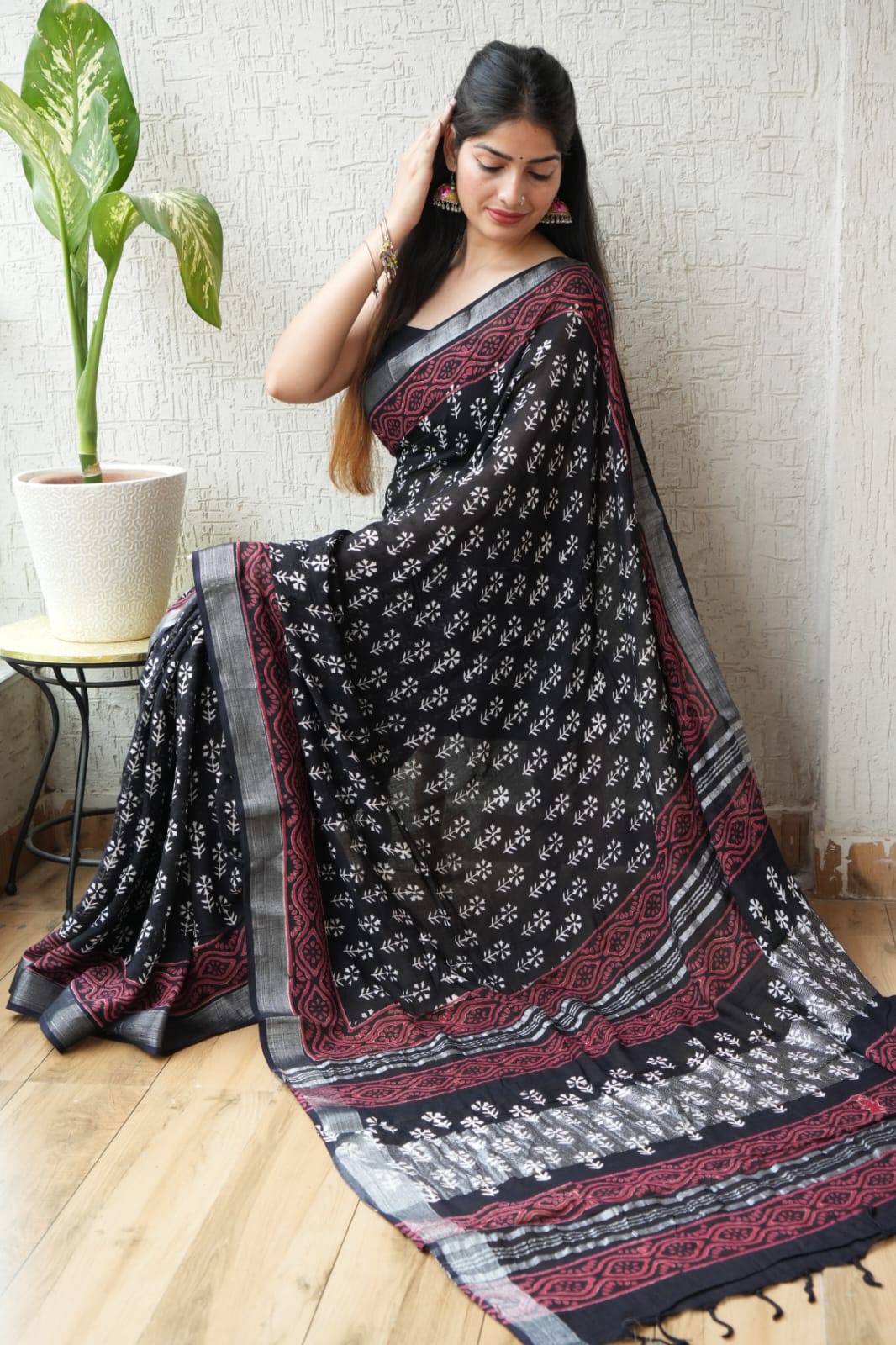 The Black Cherry Blossom Cotton Slub Saree