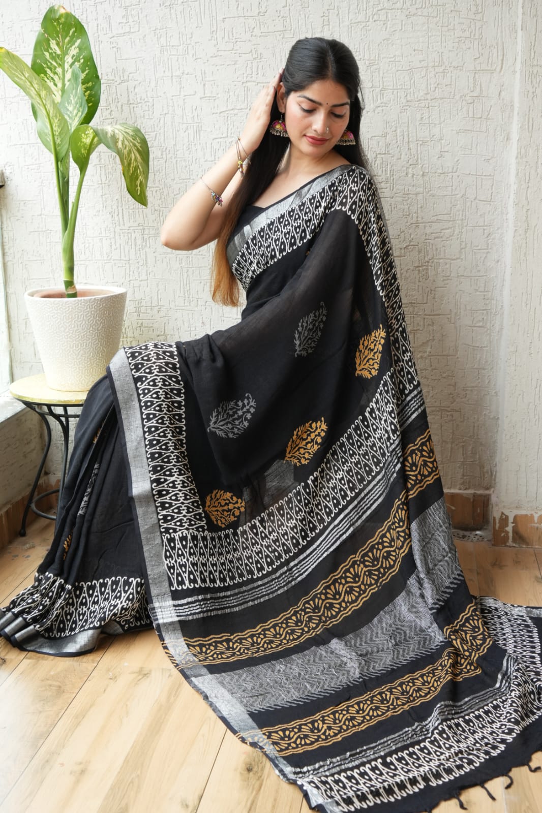 Midnight Ochre Hand Block Saree