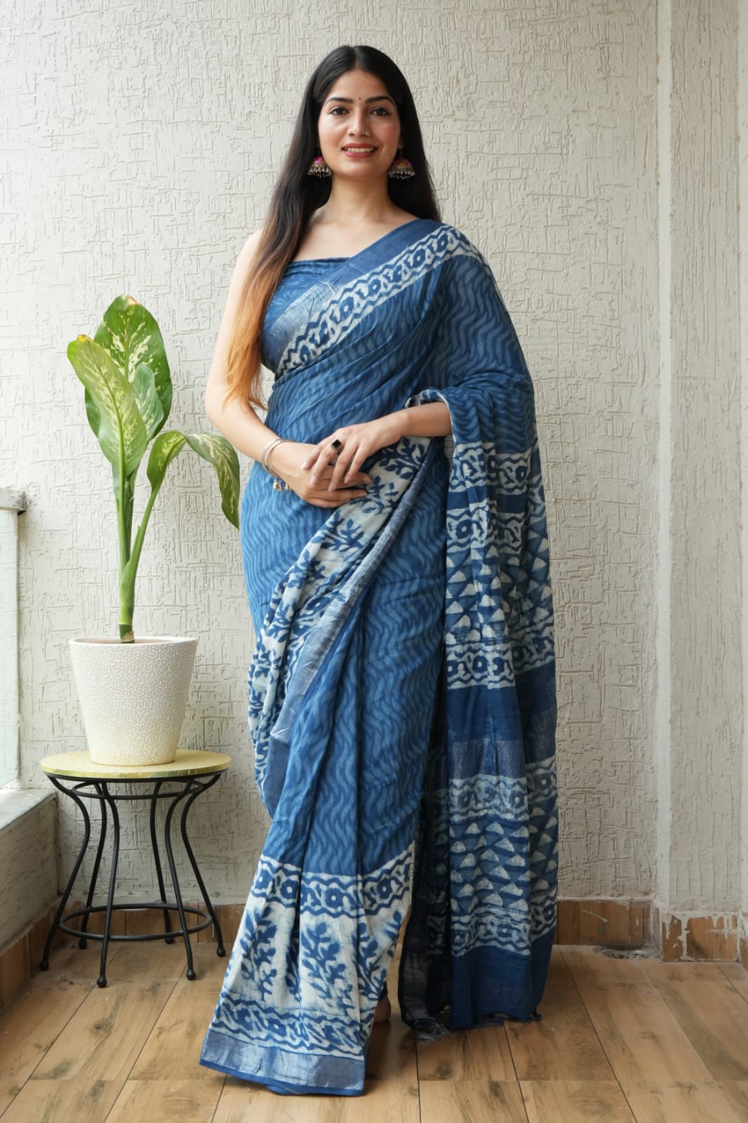 The Denim Indigo Textured Block Print Saree