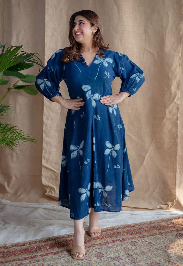 Indigo Dragonfly Print Cotton Midi Dress
